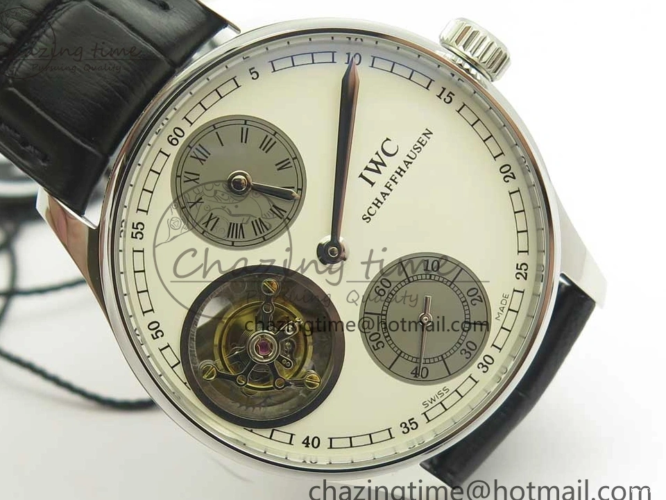 MIROTIME 0426 Upgraded Portuguese Flying Tourbillon SS White Dial 2 Sub Dials on Black Leather Strap 7161